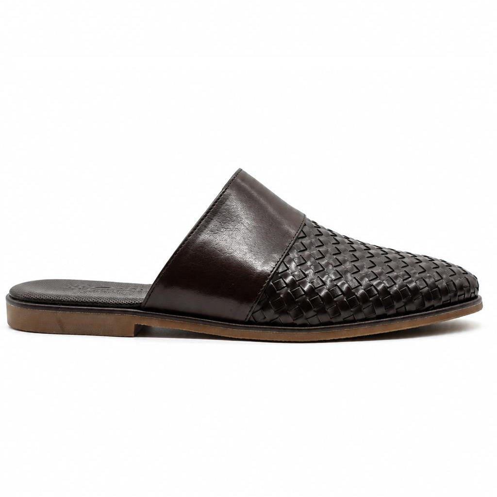 Desmond | Men's Woven faux leather Mule Slippers - Coffee Brown Slip-On Half Shoes