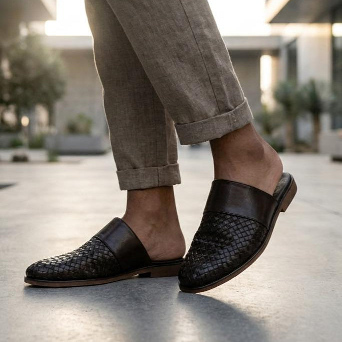Desmond | Men's Woven faux leather Mule Slippers - Coffee Brown Slip-On Half Shoes