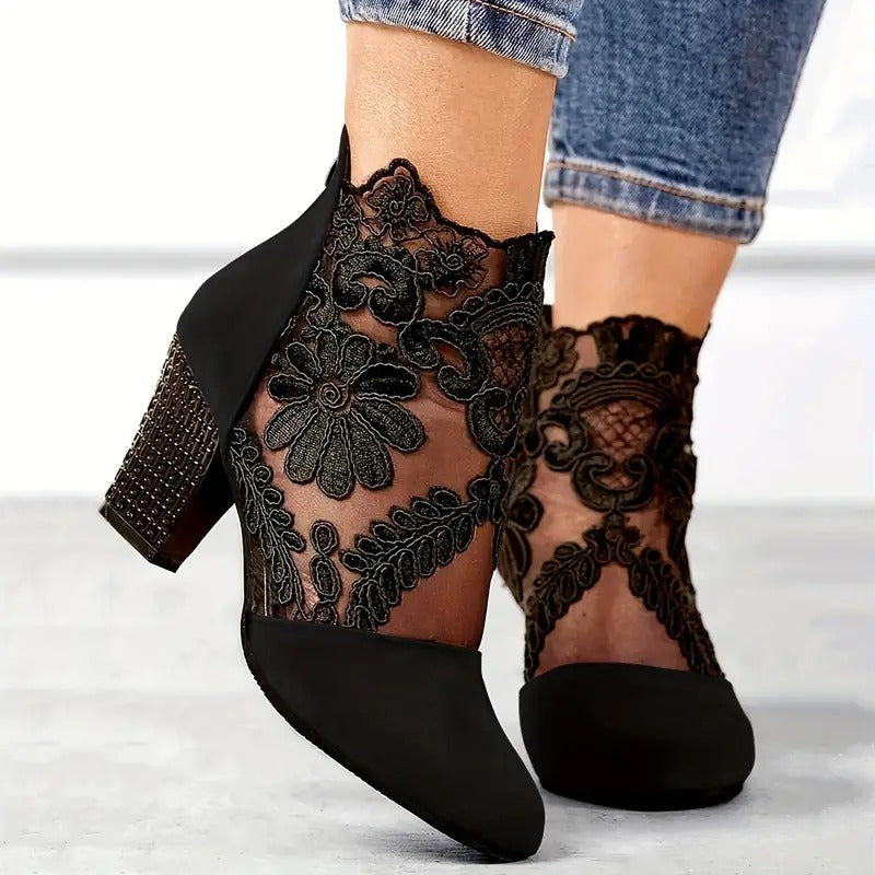 Genevieve | Women's Floral Lace Heels - Cushioned Court Shoes for Evening Wear