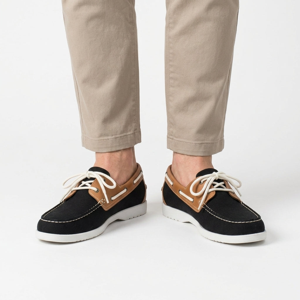 Hudson | Men's Lace-Up Boat Shoes - Flat Sole Deck Shoes with Contrast Stitching