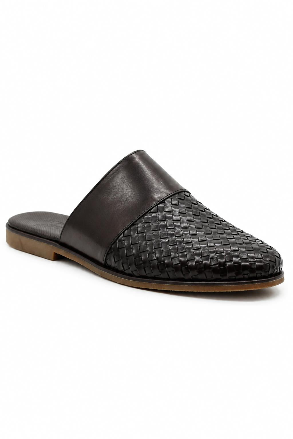 Desmond | Men's Woven faux leather Mule Slippers - Coffee Brown Slip-On Half Shoes