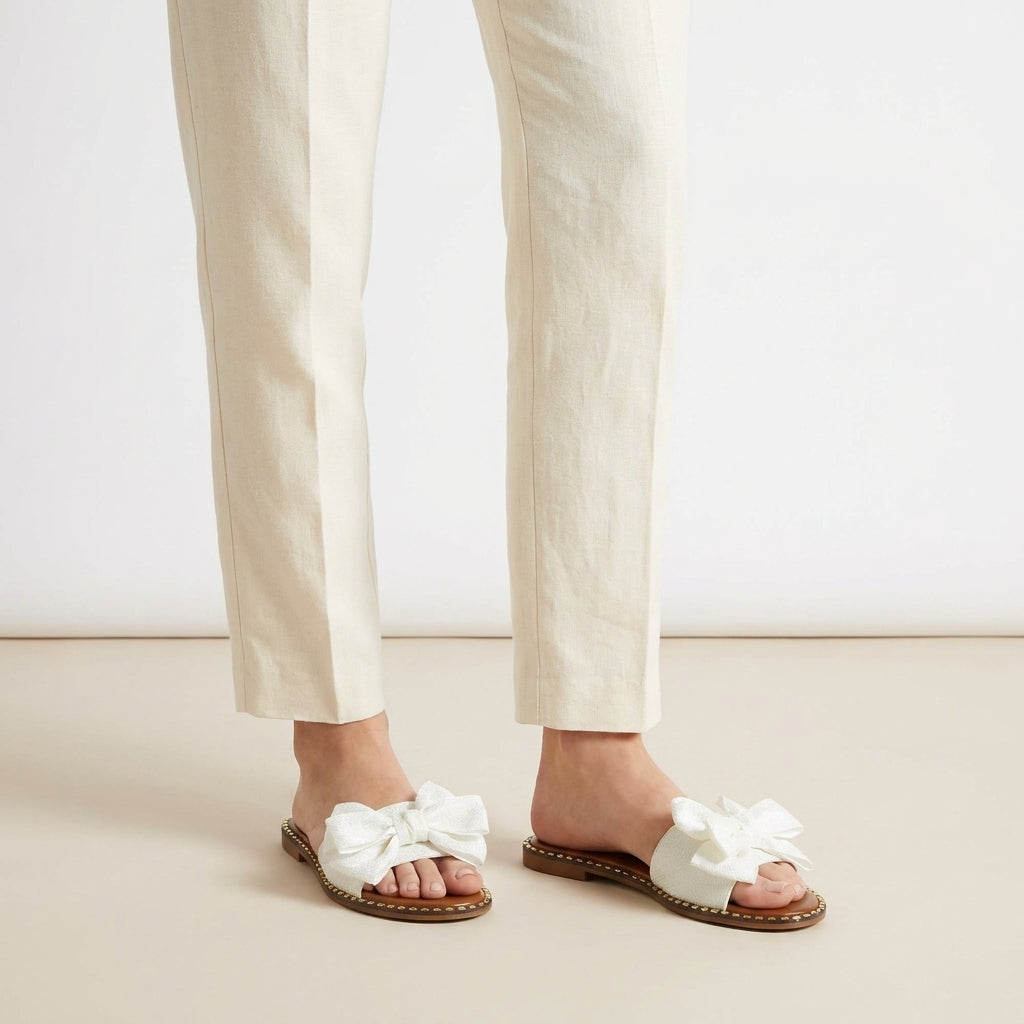 Elodie | Women's PU Bow Slide Sandals - Flat Slip-On Summer Sandals