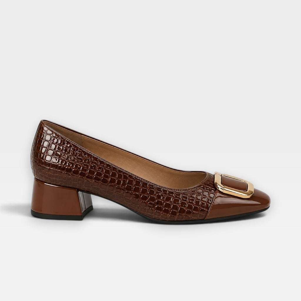Odette | Women's Leather-Look Croc-Embossed Loafers - Chain-Trim Block-Heel Office Shoes