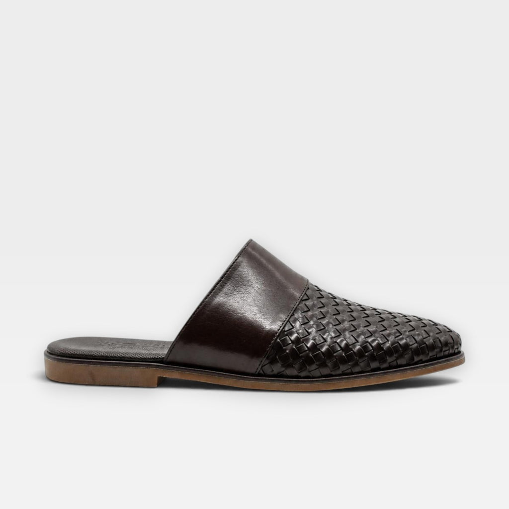 Desmond | Men's Woven faux leather Mule Slippers - Coffee Brown Slip-On Half Shoes