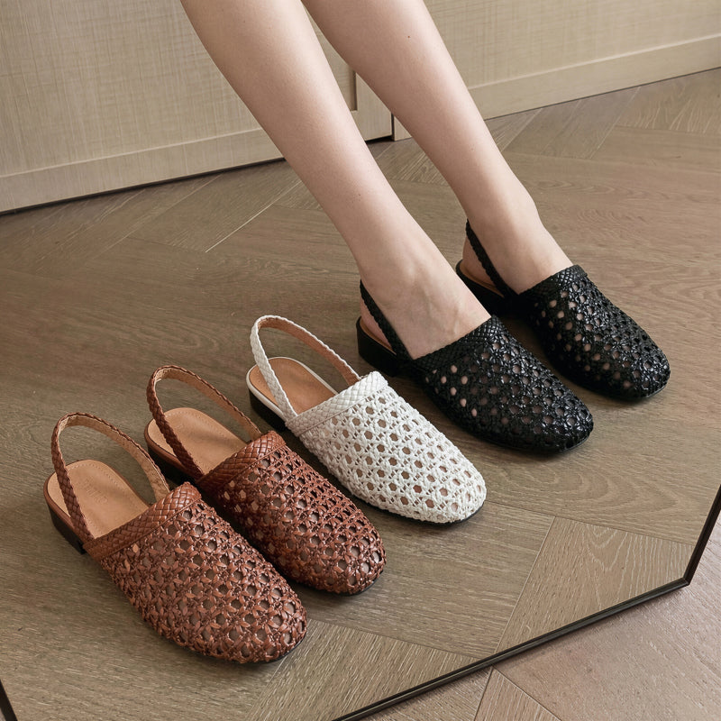 Millie | Women's Woven Mesh Slingback Flats - Low Block Heel Summer Shoes
