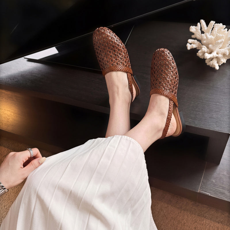 Millie | Women's Woven Mesh Slingback Flats - Low Block Heel Summer Shoes