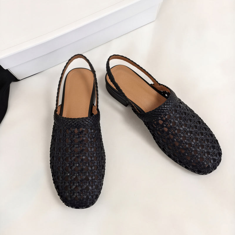Millie | Women's Woven Mesh Slingback Flats - Low Block Heel Summer Shoes