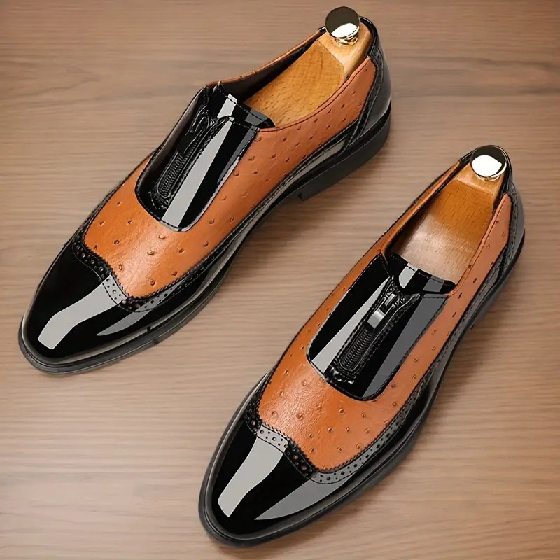 Julian | Men's Ostrich faux leather Oxford Shoes - Patent Toe Dress Shoes with Side Zip