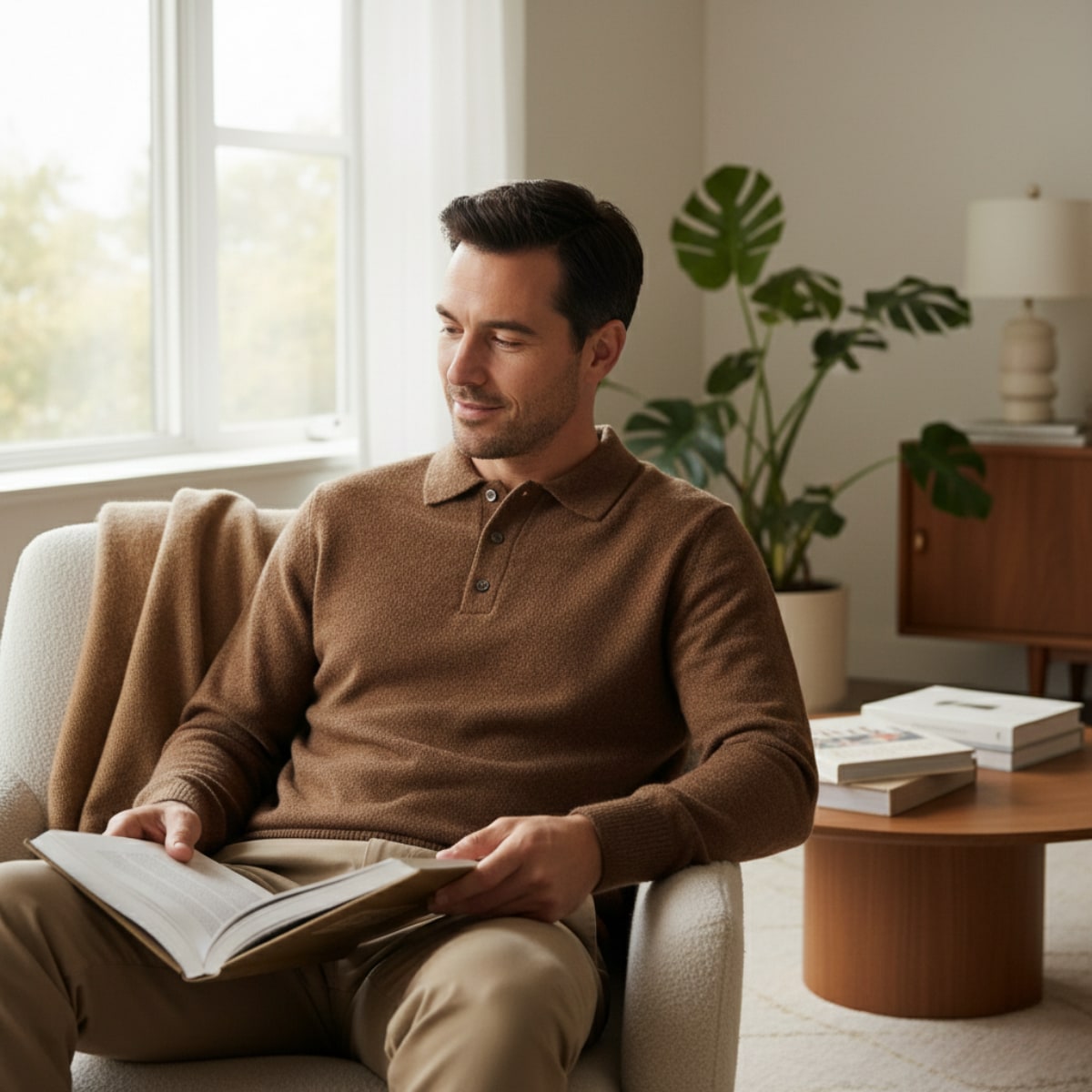 Solomon | Men's Cashmere-Feel Polo Jumper - Ribbed Knit Smart-Casual Sweater
