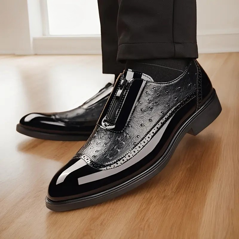 Julian | Men's Ostrich faux leather Oxford Shoes - Patent Toe Dress Shoes with Side Zip