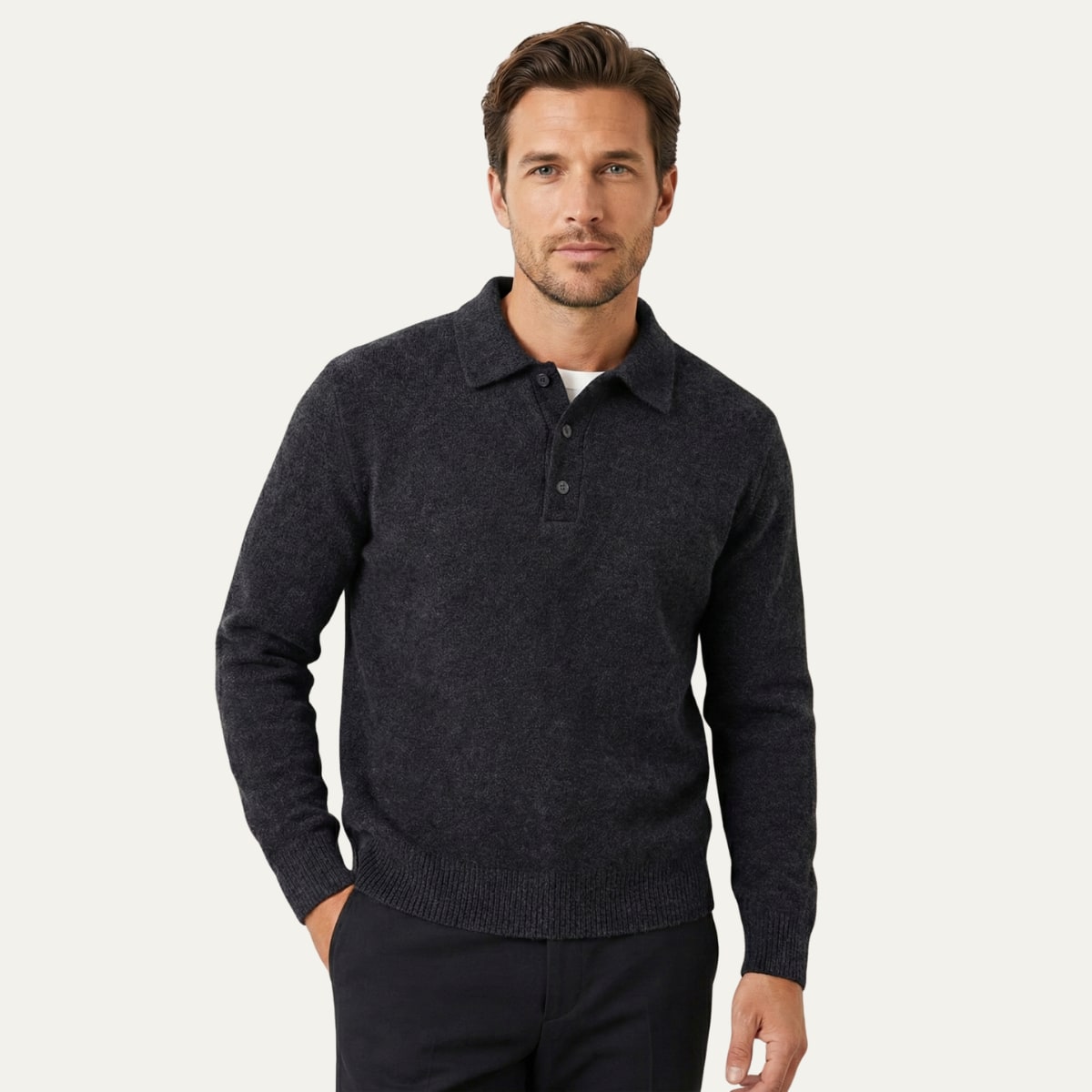 Solomon | Men's Cashmere-Feel Polo Jumper - Ribbed Knit Smart-Casual Sweater