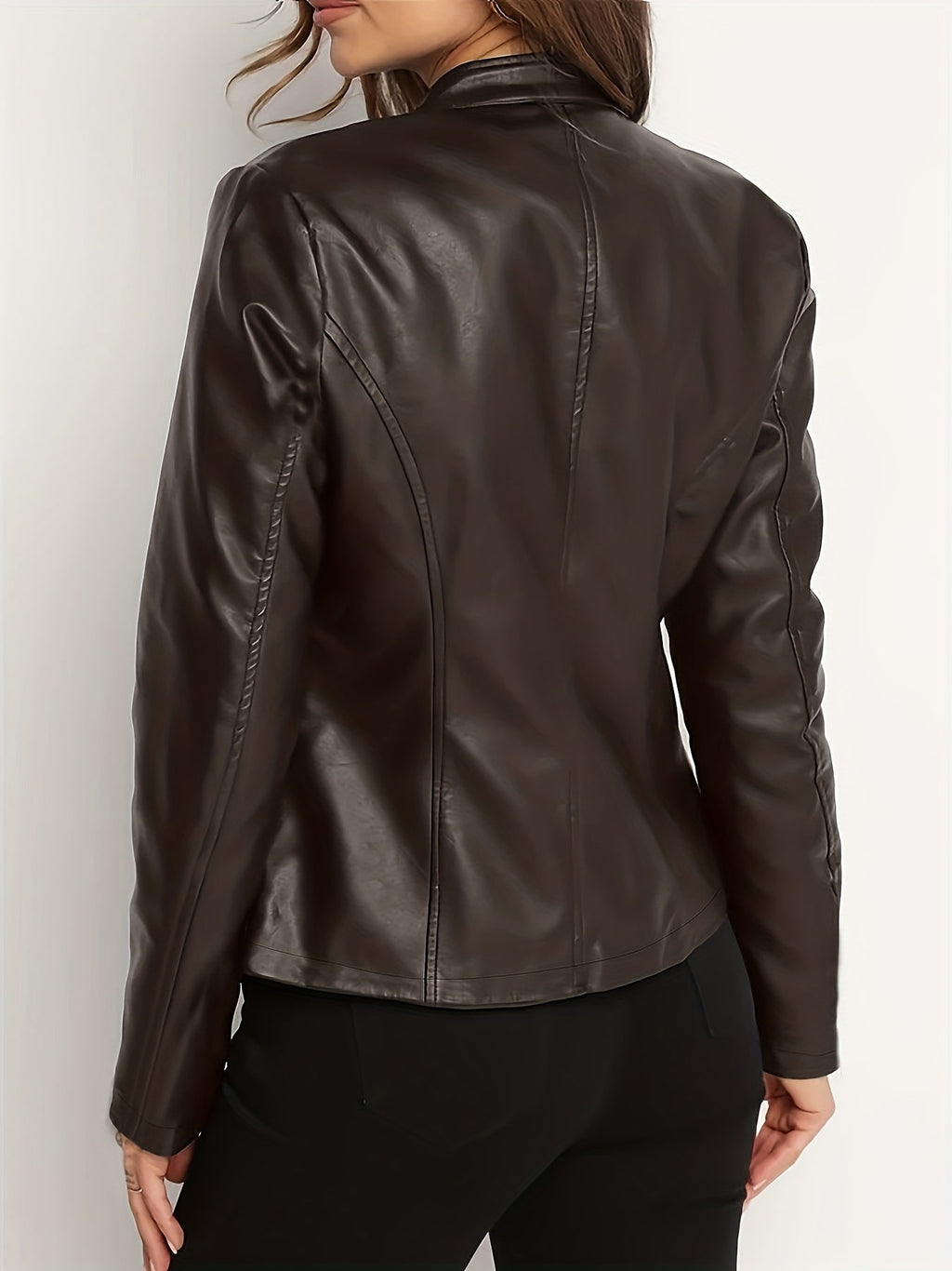 Cara | Women's Leather-Look Biker Jacket - Stand Collar Zip-Front Coat