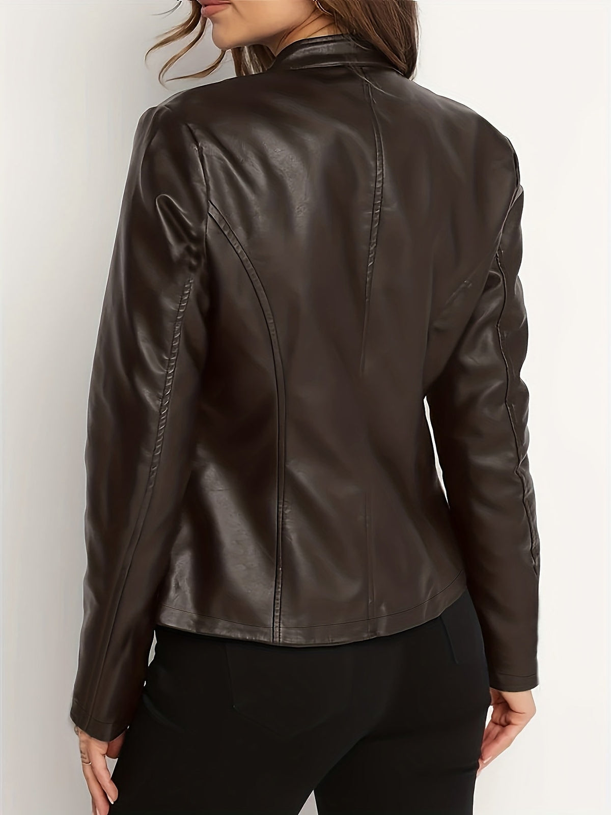 Cara | Women's Leather-Look Biker Jacket - Stand Collar Zip-Front Coat