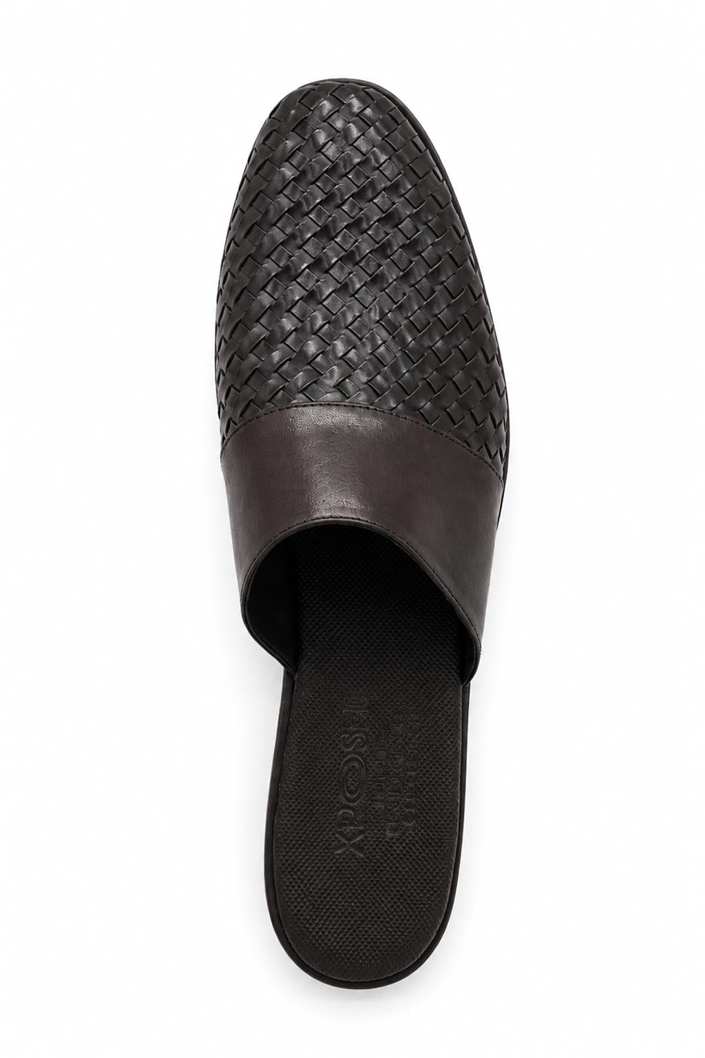 Desmond | Men's Woven faux leather Mule Slippers - Coffee Brown Slip-On Half Shoes