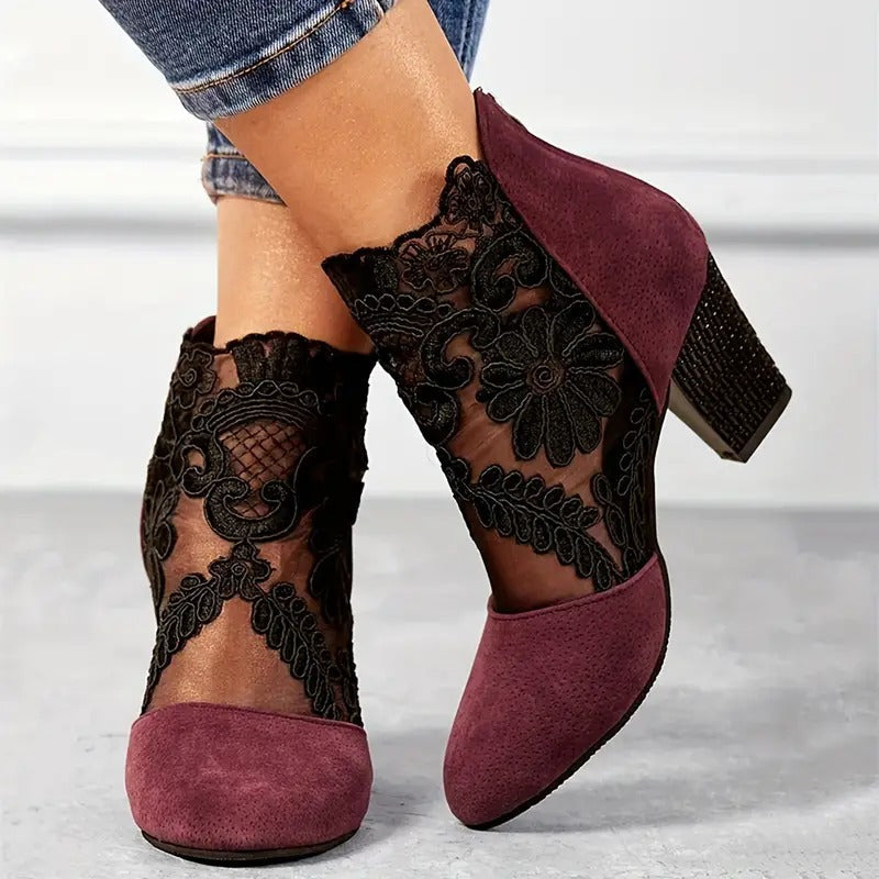 Genevieve | Women's Floral Lace Heels - Cushioned Court Shoes for Evening Wear