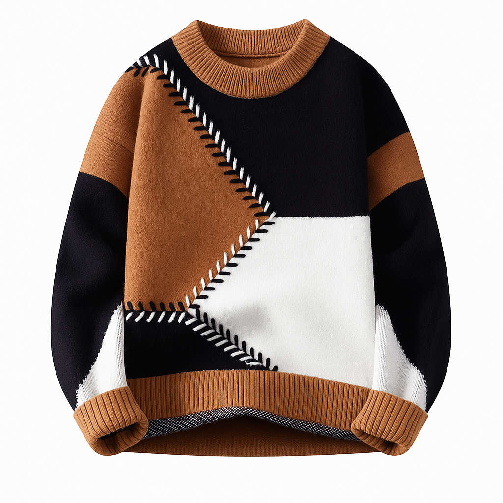 Frank | Men's Patch-Design Jumper - Colour-Block Ribbed Neck Knitwear