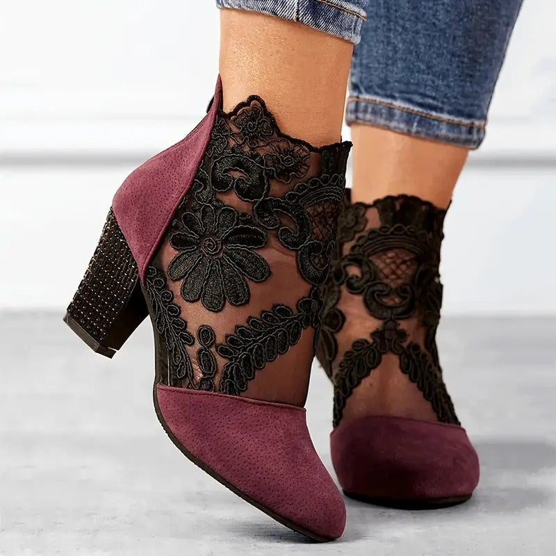 Genevieve | Women's Floral Lace Heels - Cushioned Court Shoes for Evening Wear