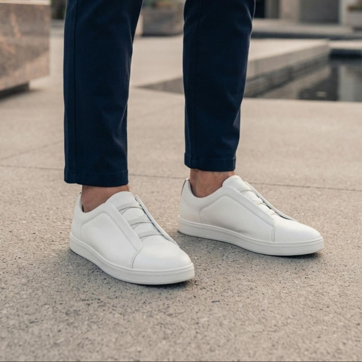 Norman | Men's White Faux Leather Slip-On Trainers - Smart Casual Sneakers