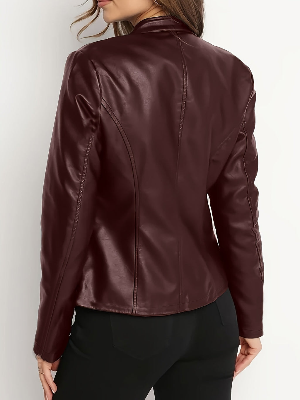 Cara | Women's Leather-Look Biker Jacket - Stand Collar Zip-Front Coat