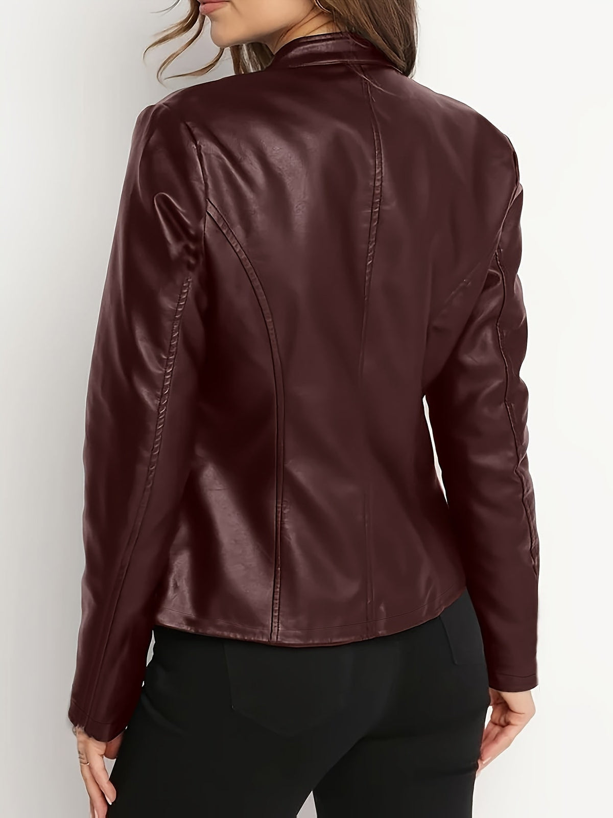 Cara | Women's Leather-Look Biker Jacket - Stand Collar Zip-Front Coat