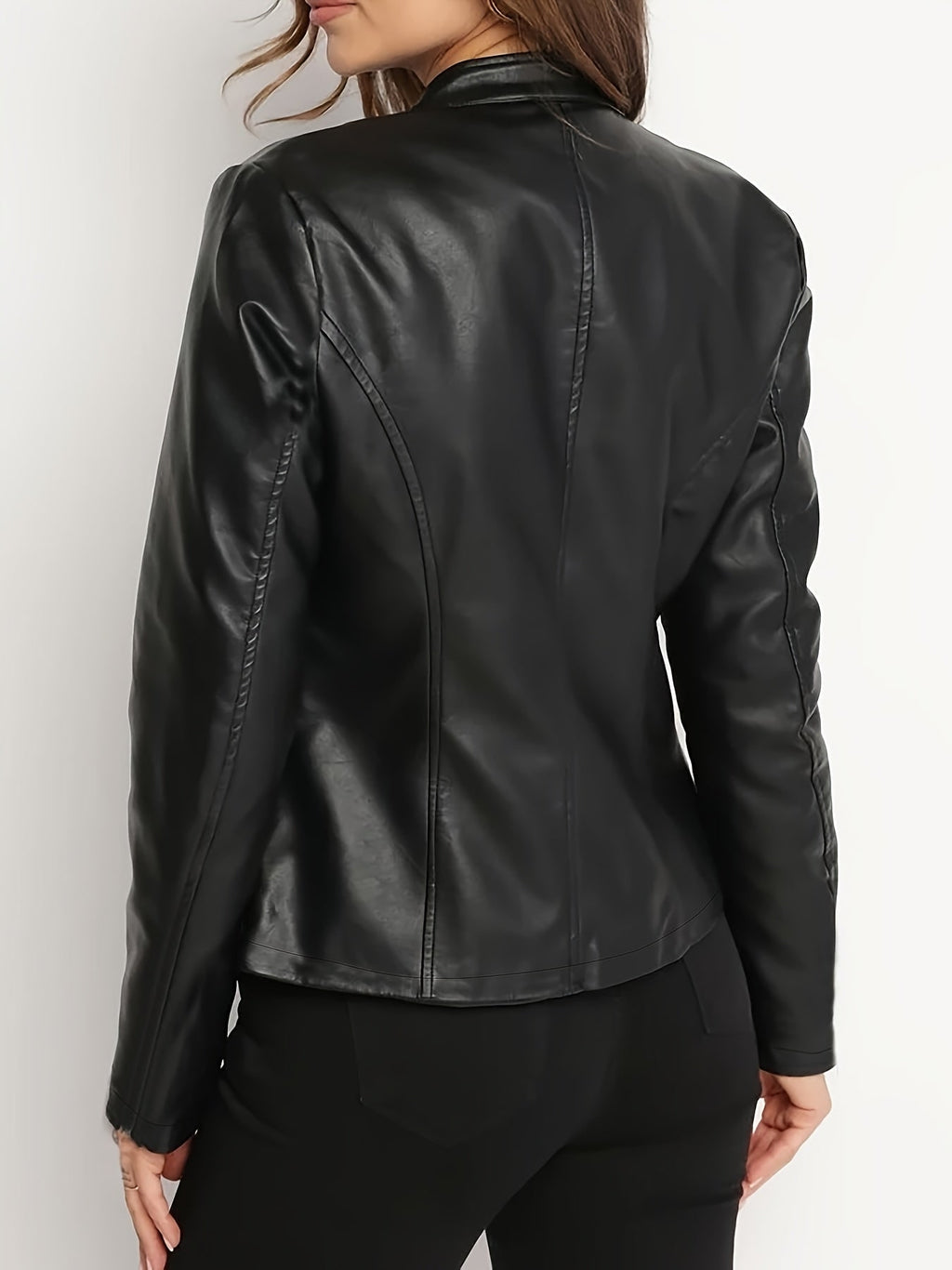 Cara | Women's Leather-Look Biker Jacket - Stand Collar Zip-Front Coat