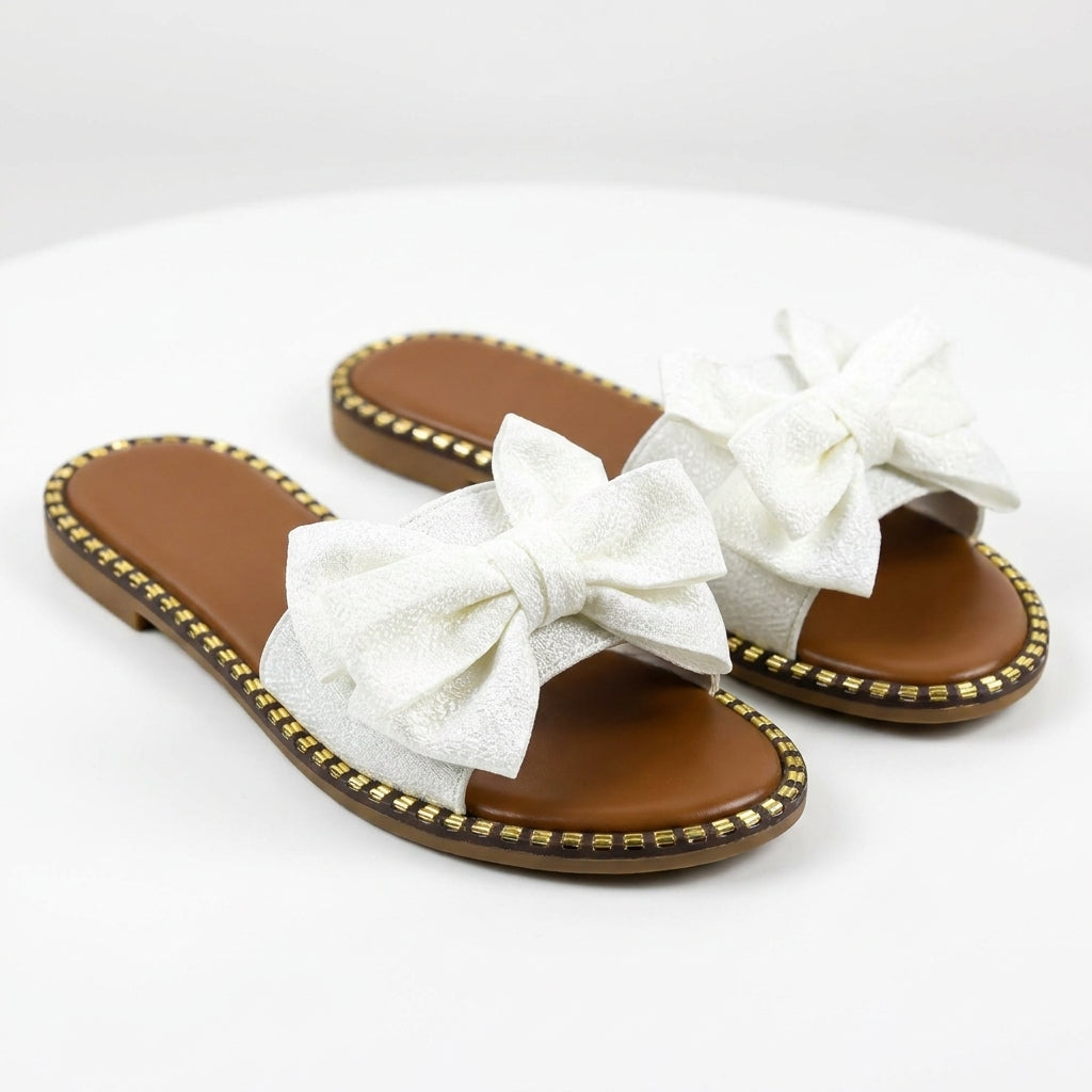 Elodie | Women's PU Bow Slide Sandals - Flat Slip-On Summer Sandals