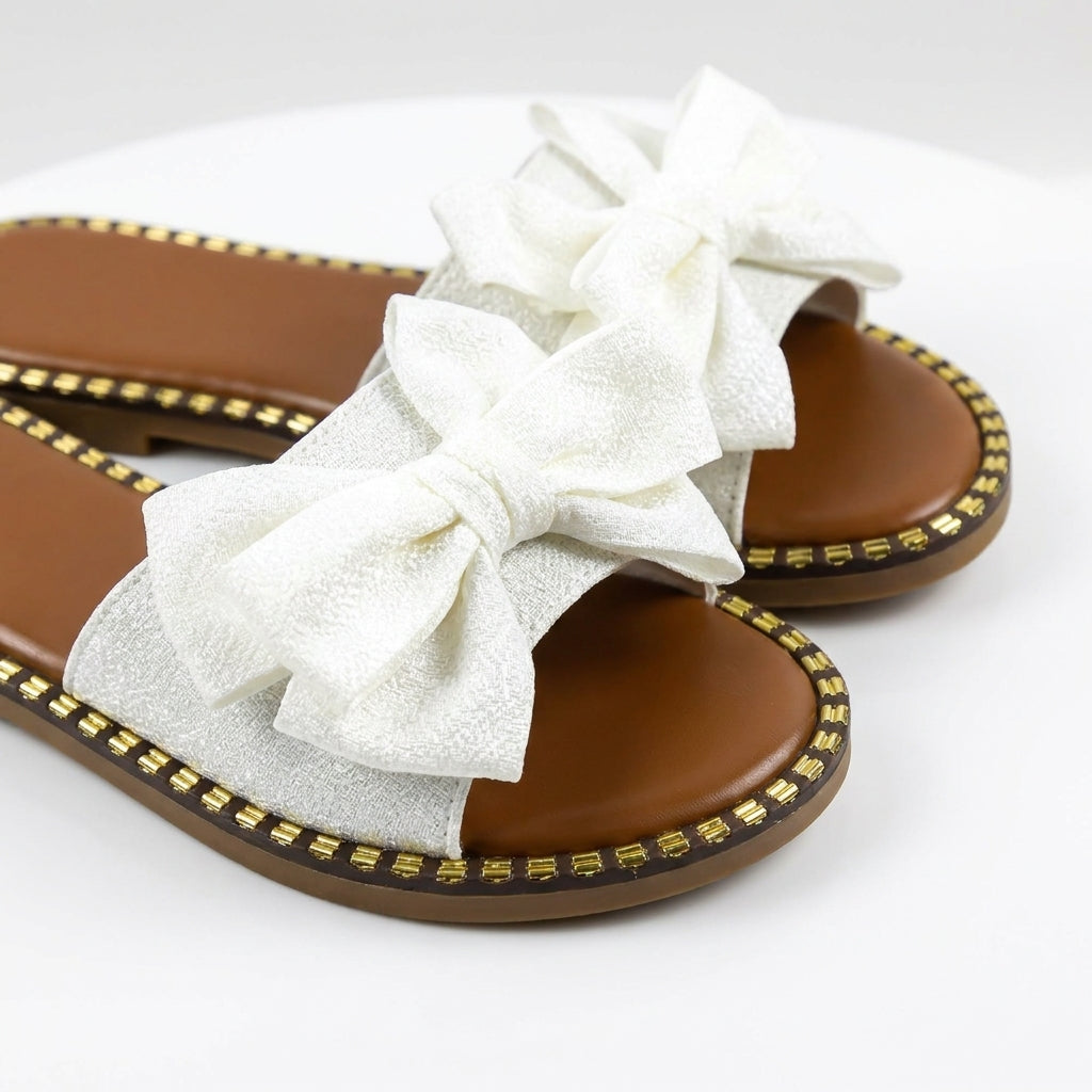 Elodie | Women's PU Bow Slide Sandals - Flat Slip-On Summer Sandals