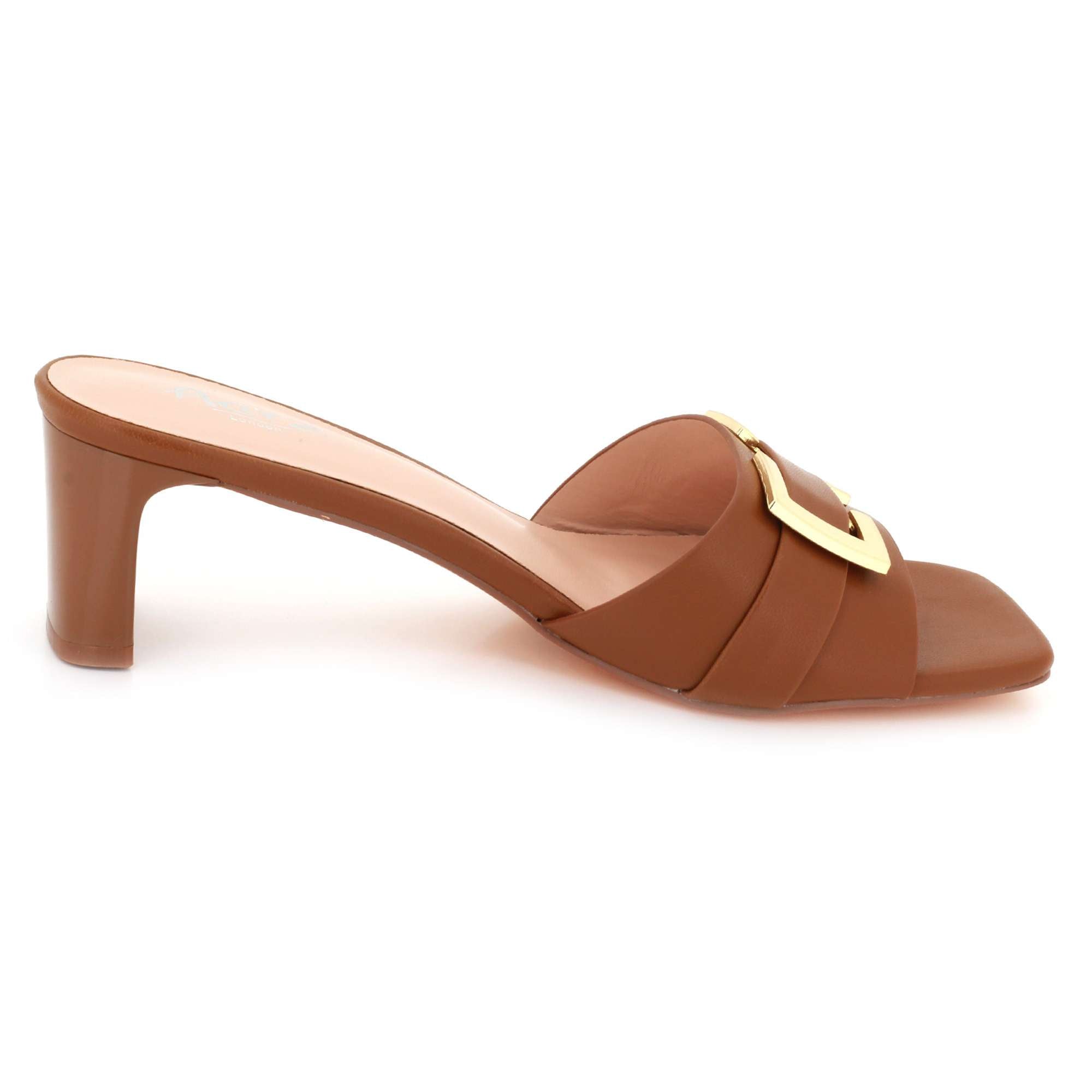 Priscilla | Women's Square-Toe Mule Sandals - Gold-Tone Buckle Mid Heel Mules