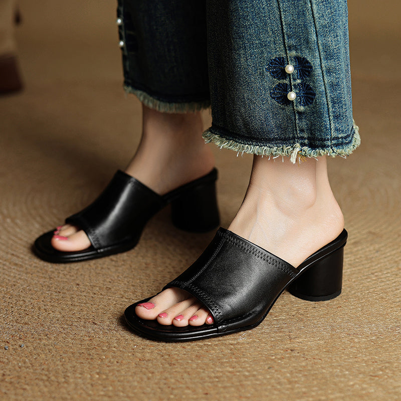 Camilla | Women's synthetic leather Block Heel Mules - Open-Toe Summer Sandals