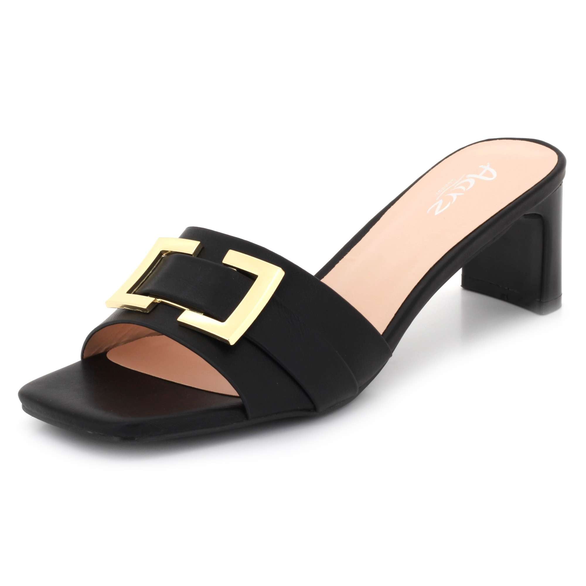 Priscilla | Women's Square-Toe Mule Sandals - Gold-Tone Buckle Mid Heel Mules