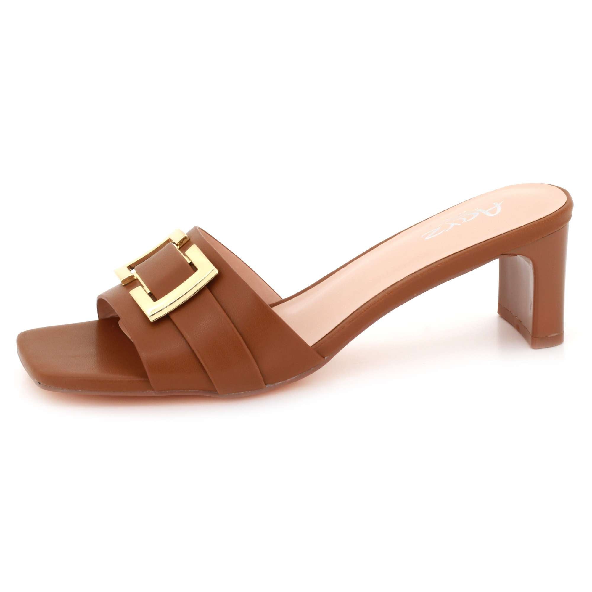 Priscilla | Women's Square-Toe Mule Sandals - Gold-Tone Buckle Mid Heel Mules