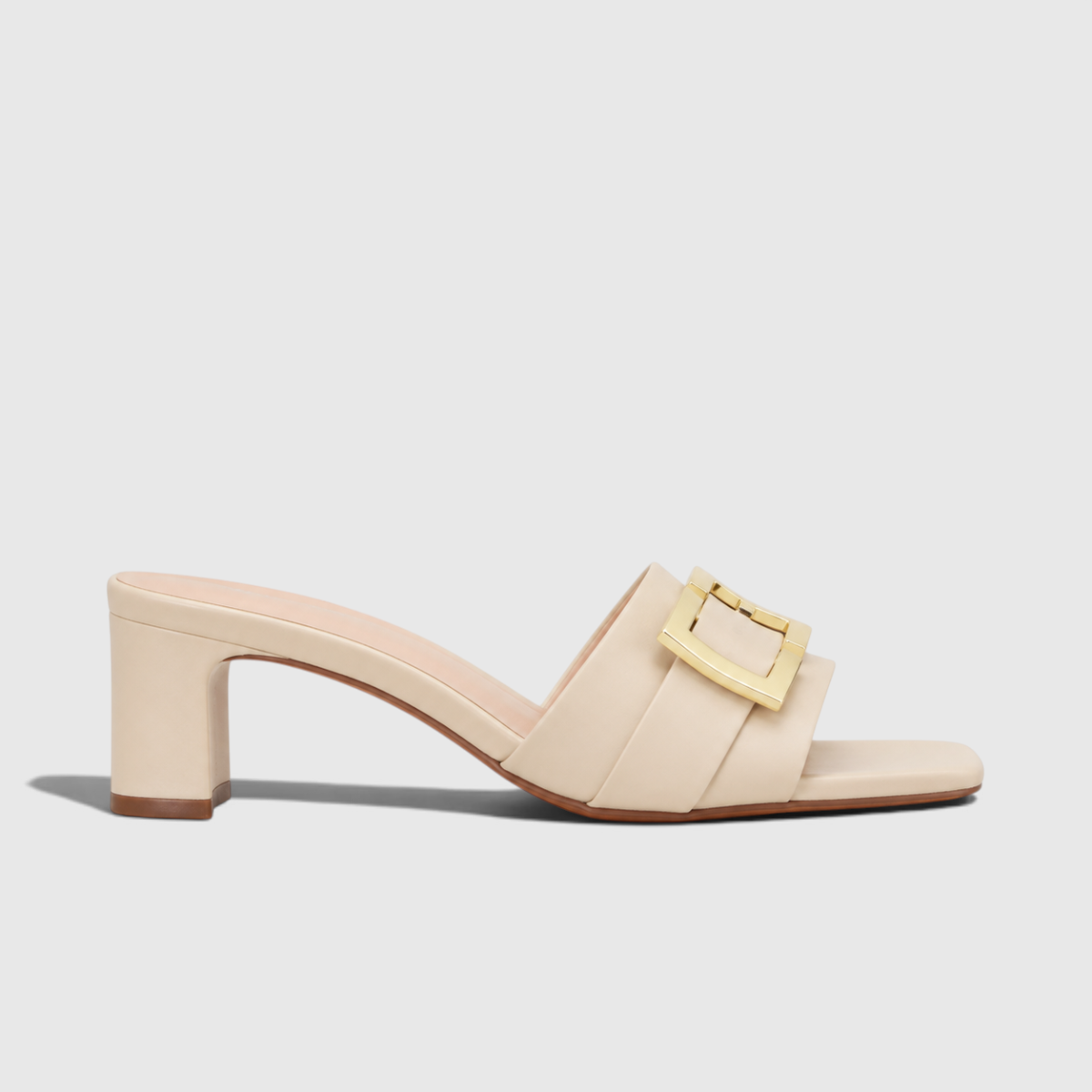 Priscilla | Women's Square-Toe Mule Sandals - Gold-Tone Buckle Mid Heel Mules
