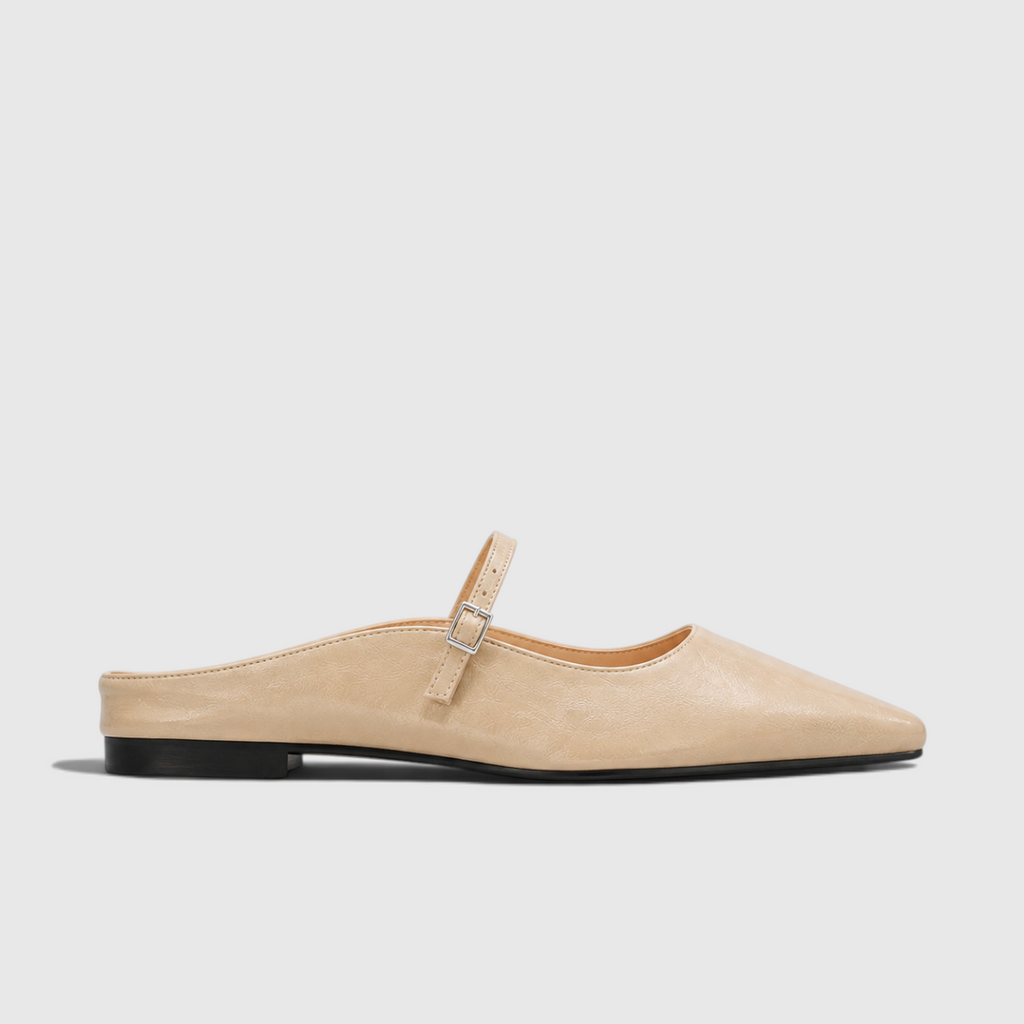 Penelope | Women's faux leather Pointed-Toe Mules - Mary Jane Buckle Strap Flats