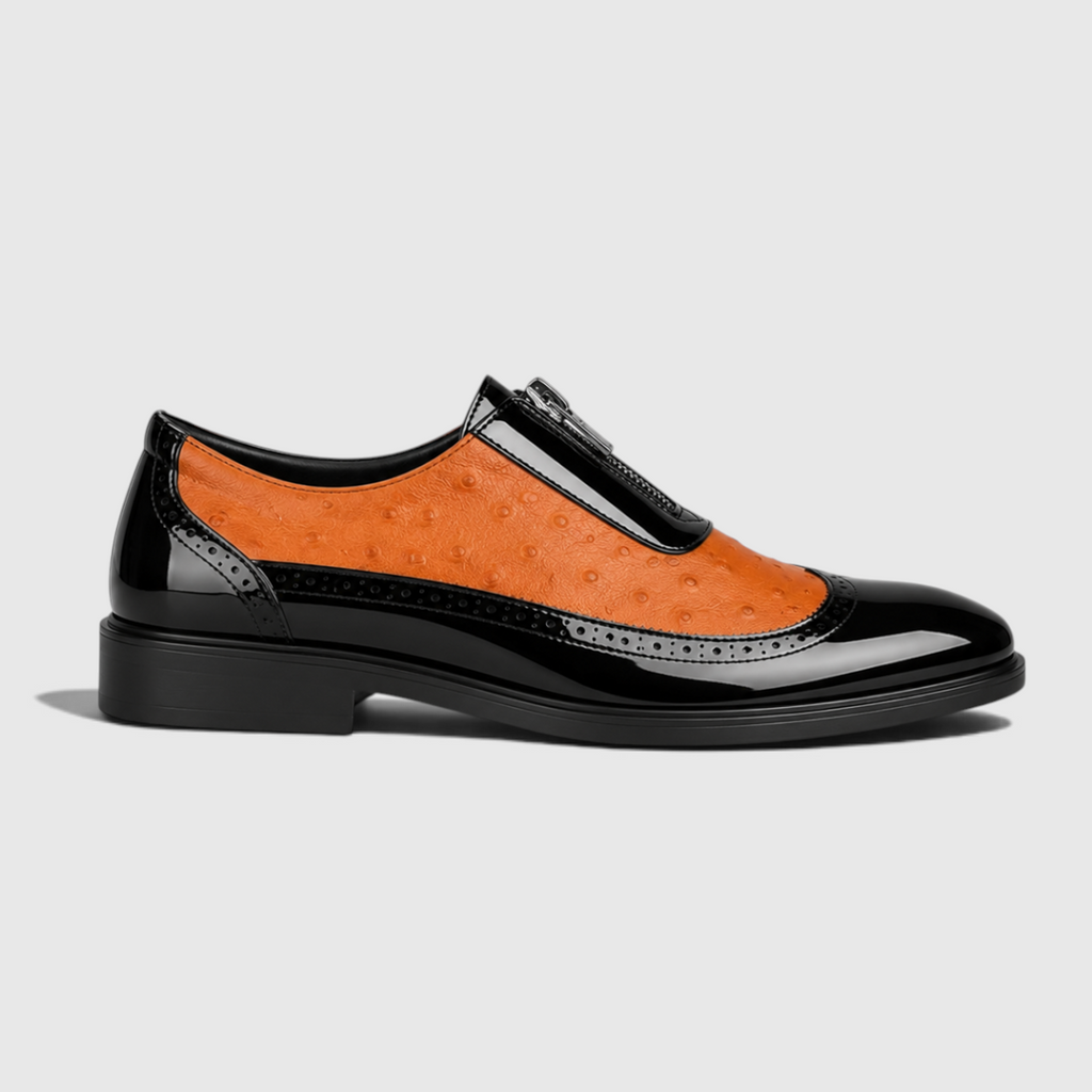 Julian | Men's Ostrich faux leather Oxford Shoes - Patent Toe Dress Shoes with Side Zip