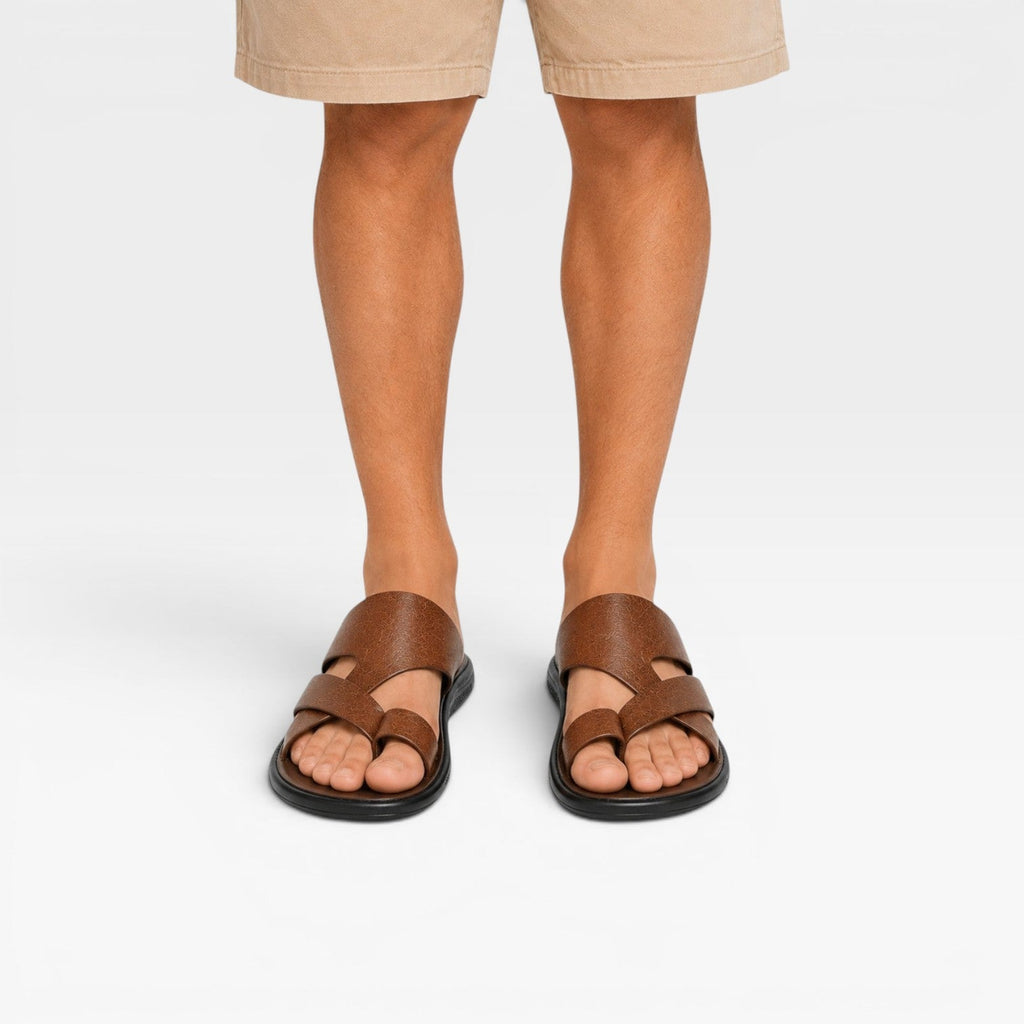 Marcus | Men's Leather-Look Toe-Loop Slide Sandals - Backless Slip-On Sandals