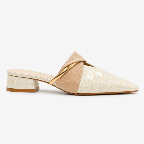 Beatrix | Women's Croc-Effect Pointed Toe Mule Heels - Low Block Heel Slip-On Mules