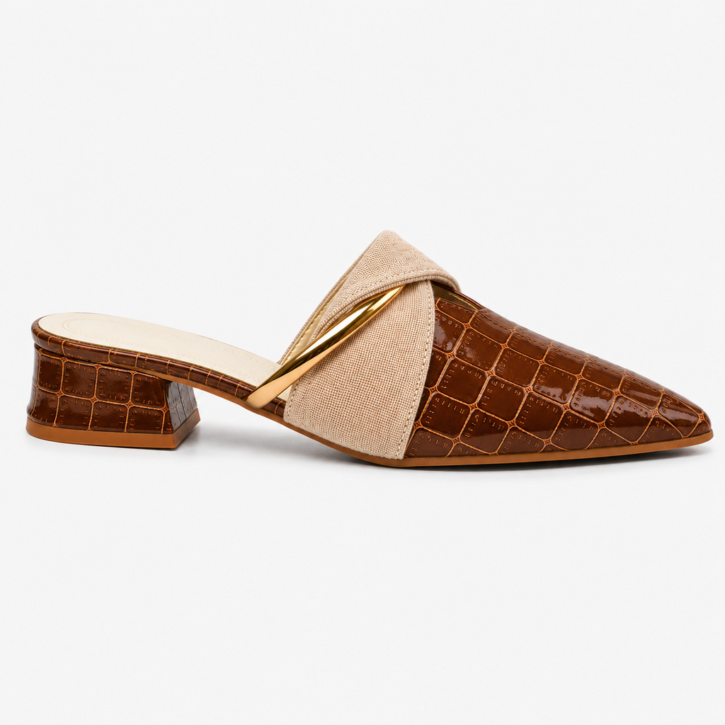 Beatrix | Women's Croc-Effect Pointed Toe Mule Heels - Low Block Heel Slip-On Mules