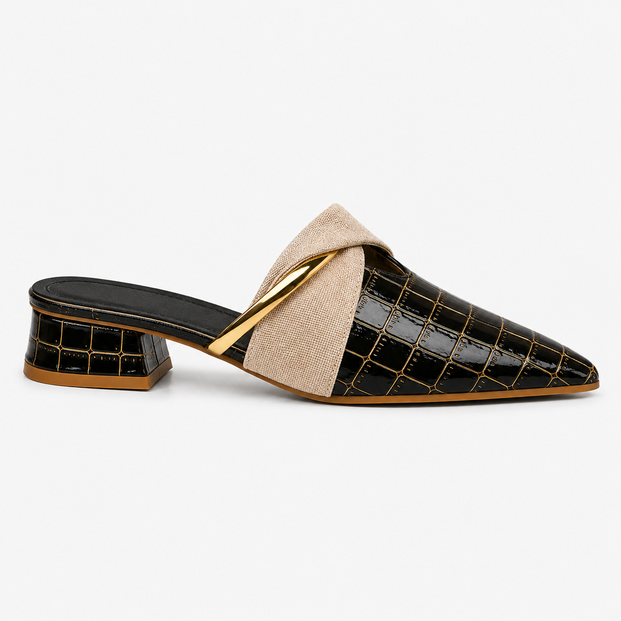 Beatrix | Women's Croc-Effect Pointed Toe Mule Heels - Low Block Heel Slip-On Mules