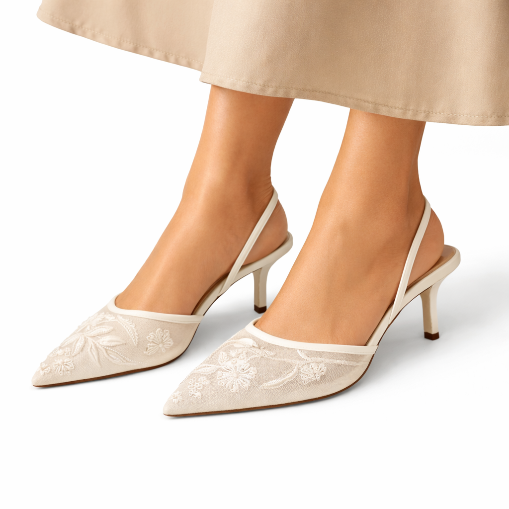 Josephine | Women's Embroidered Mesh Mule Heels - Pointed Toe Wedding Guest Shoes
