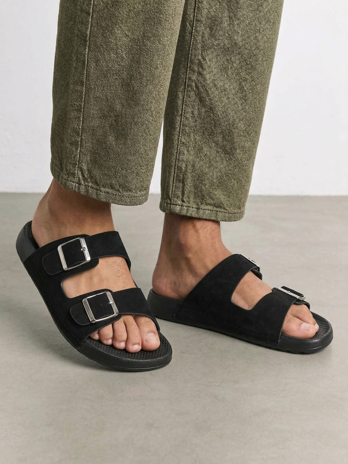 Lawrence | Men's Faux Leather Double Strap Buckle Sandals - Slip-On Slide Sandals