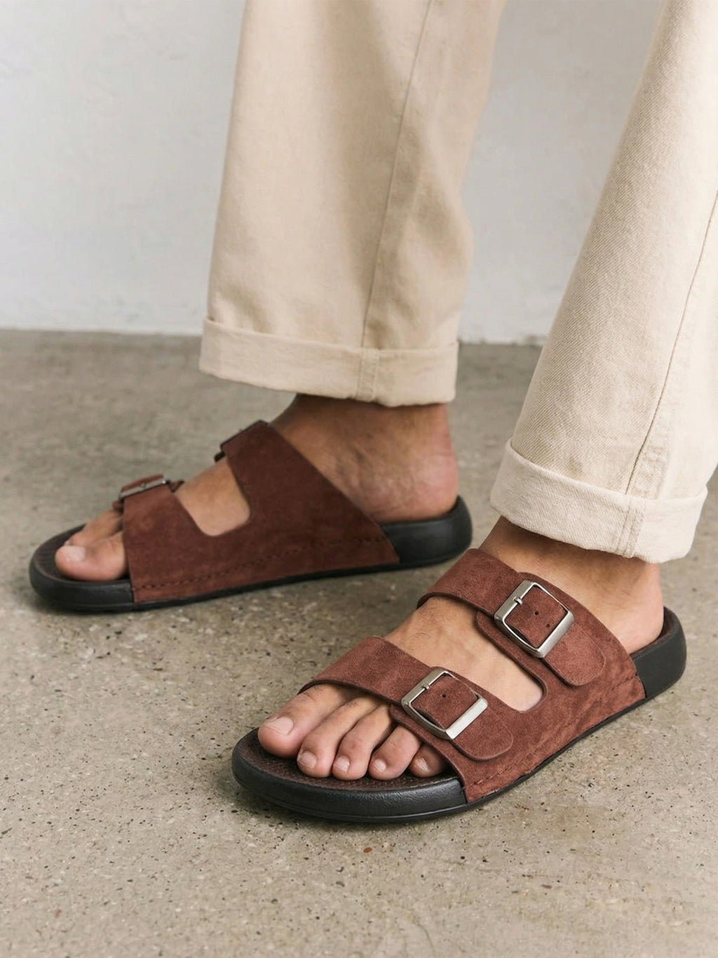 Lawrence | Men's Faux Leather Double Strap Buckle Sandals - Slip-On Slide Sandals