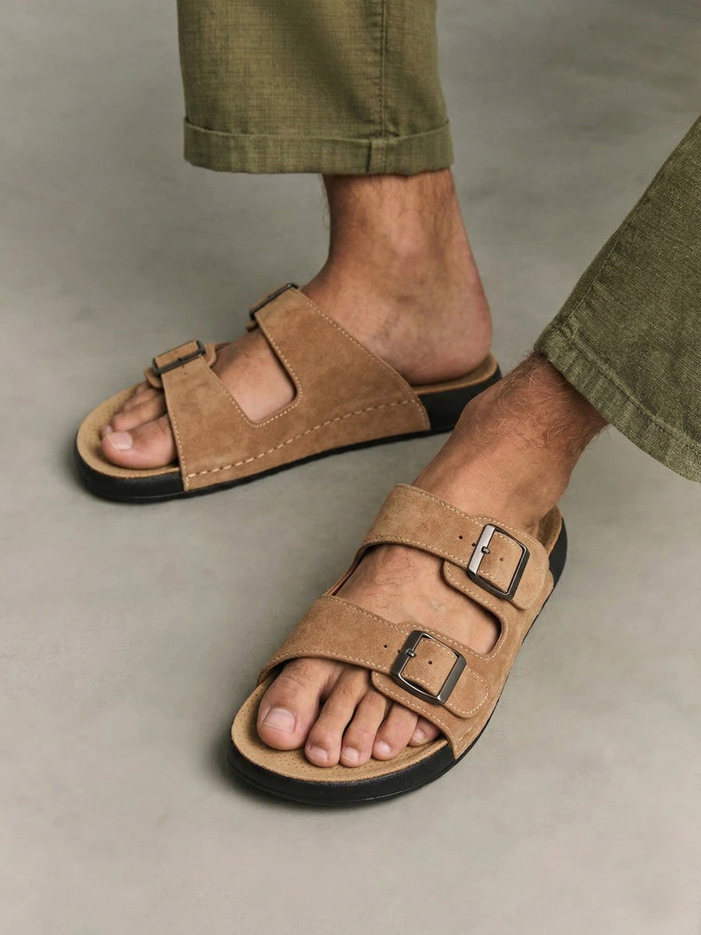Lawrence | Men's Faux Leather Double Strap Buckle Sandals - Slip-On Slide Sandals
