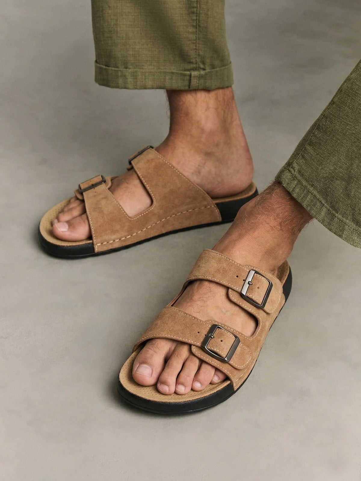 Lawrence | Men's Faux Leather Double Strap Buckle Sandals - Slip-On Slide Sandals