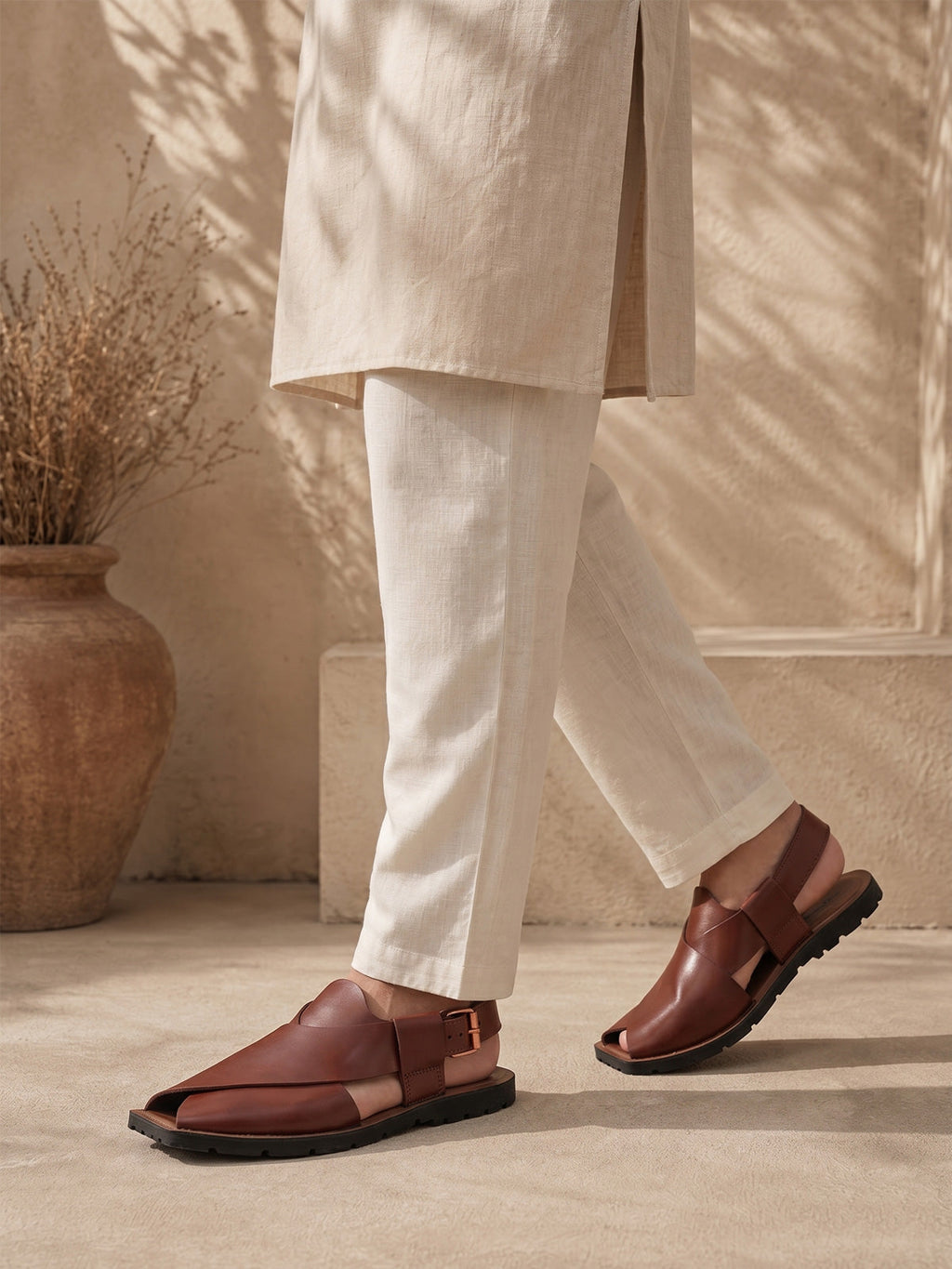 Kenneth | Men's Faux Leather Peshawari Sandals - Cross-Over Strap Ethnic Sandals