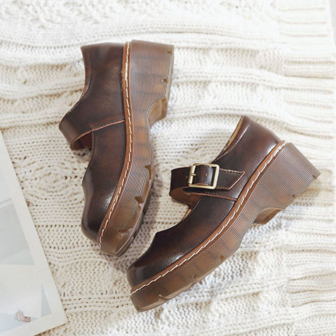 Prudence | Women's Vintage Buckle faux leather Mary Jane Heels - Chunky Platform Court Shoes