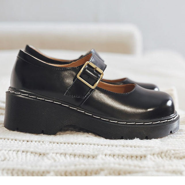 Prudence | Women's Vintage Buckle faux leather Mary Jane Heels - Chunky Platform Court Shoes