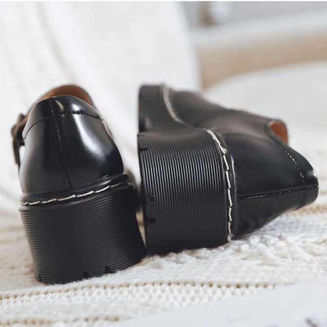 Prudence | Women's Vintage Buckle faux leather Mary Jane Heels - Chunky Platform Court Shoes