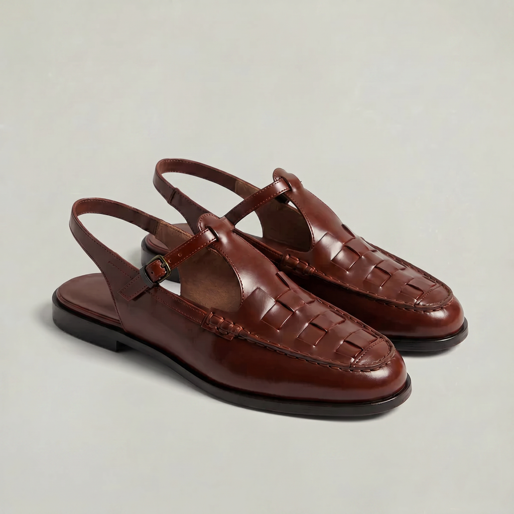 Wren | Women's Woven Leather-look Slingback Sandals - Flat Buckle Closed-Toe Sandals
