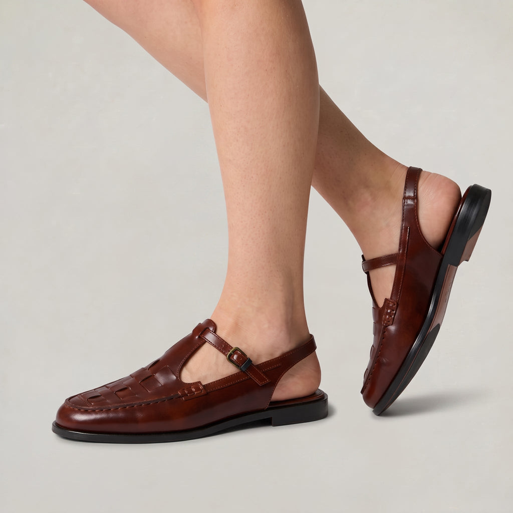 Wren | Women's Woven Leather-look Slingback Sandals - Flat Buckle Closed-Toe Sandals