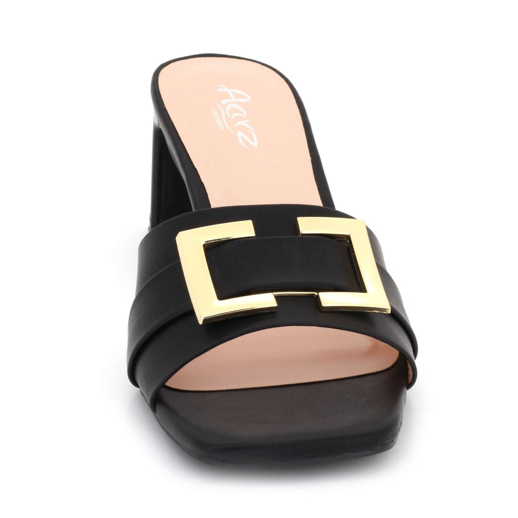 Priscilla | Women's Square-Toe Mule Sandals - Gold-Tone Buckle Mid Heel Mules